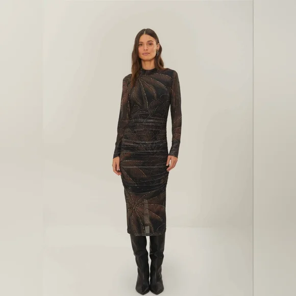 Farm Rio Black Golden Foliage Tulle Midi Dress - Picture 12 of 15